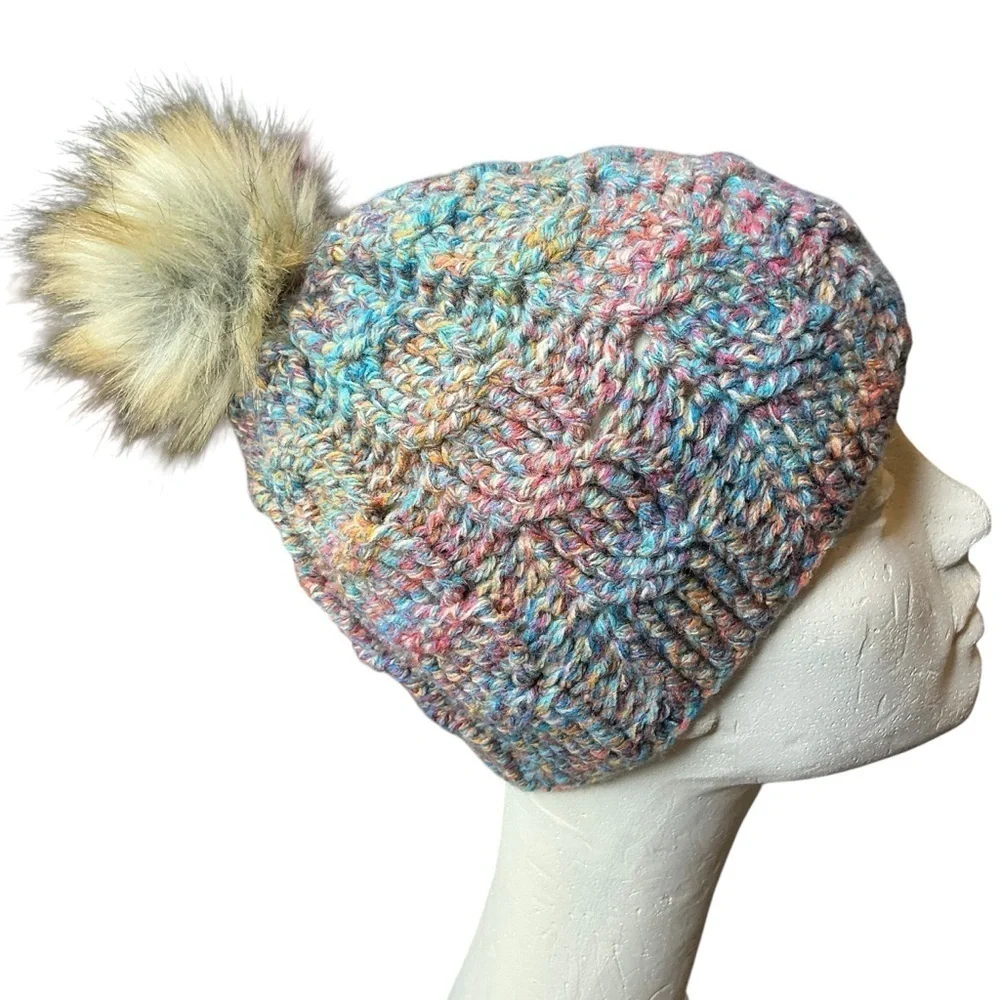 Cable Knit Crochet Beanie Hat Handcrafted With Faux Fur Pom Handmade Red Blue